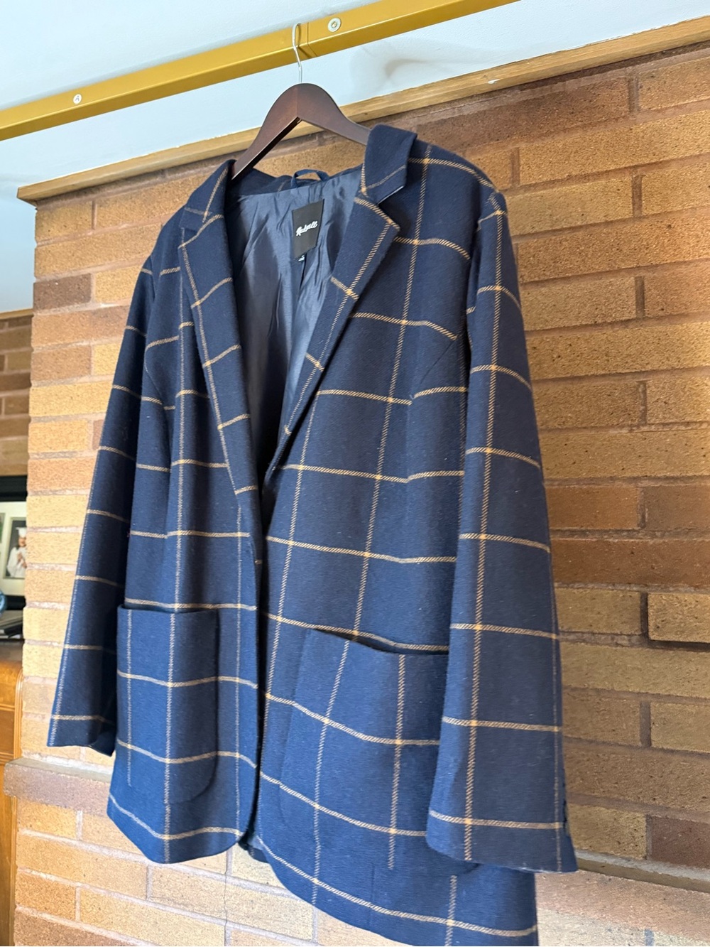 Madewell Navy Wool-Blend Blazer with Brown Windowpane Check - Picture 4 of 10